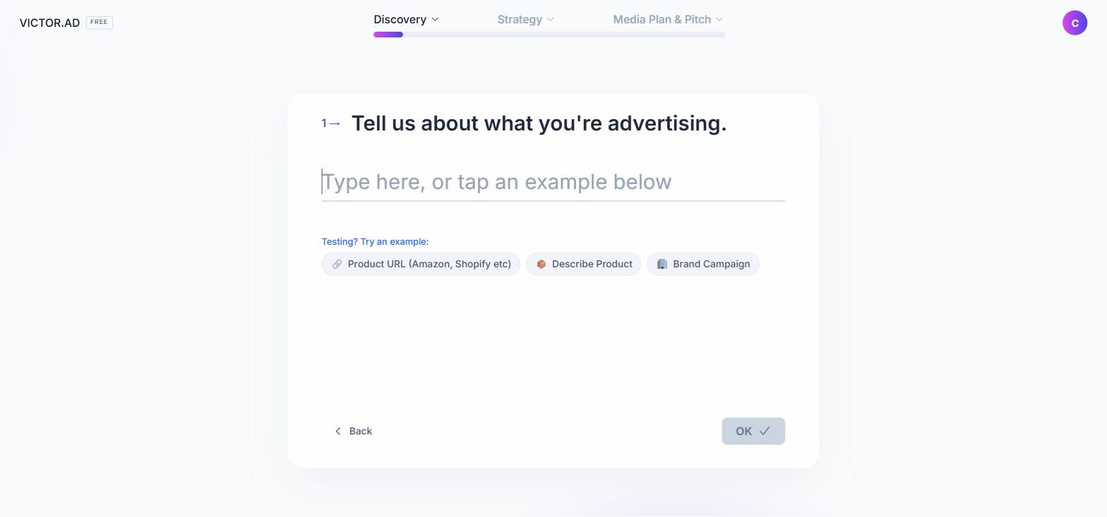The first step, an empty box asking what you are advertising