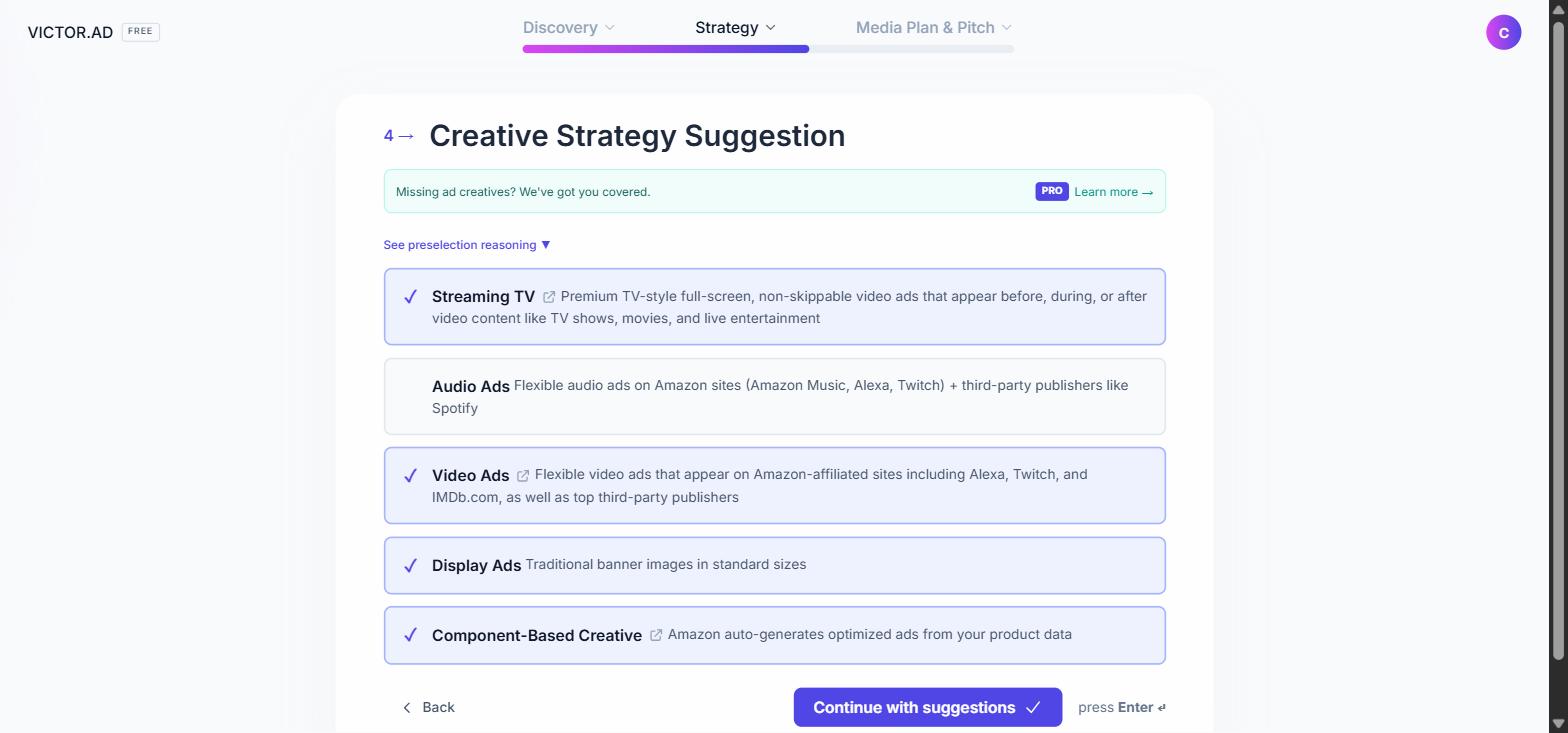 The creative strategy step with the ad formats