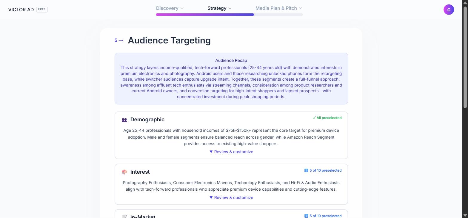The audience targeting step with a written recap and category cards