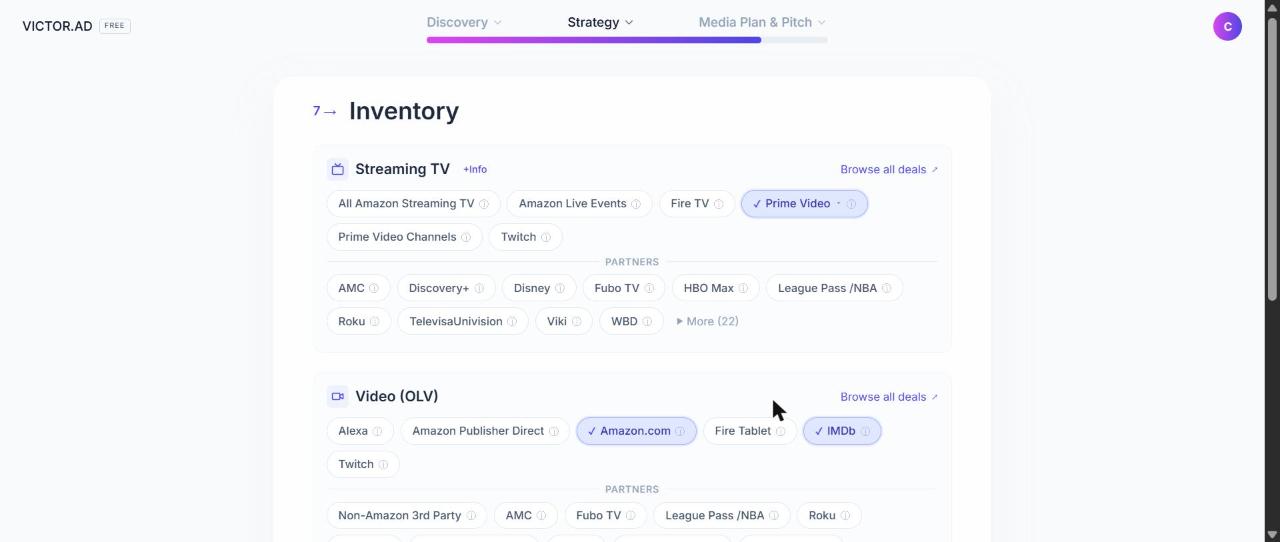 The inventory step with publishers preselected per format