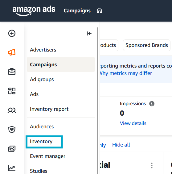 The Amazon DSP side menu under Campaigns, with Inventory in the list