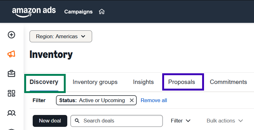 The Amazon DSP Inventory page, showing the Discovery tab open and the Proposals tab beside it