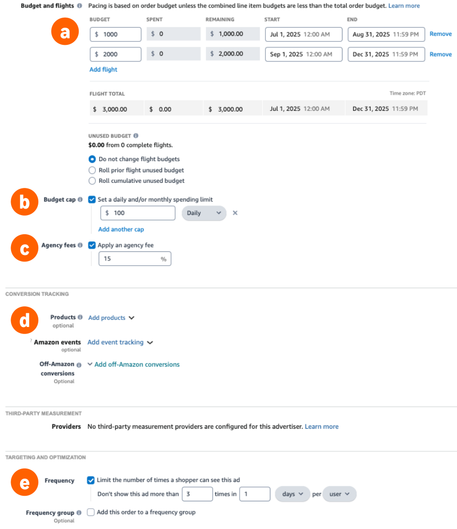 Budget and flights, budget cap, agency fee, conversion tracking and frequency cap fields on an Amazon DSP campaign
