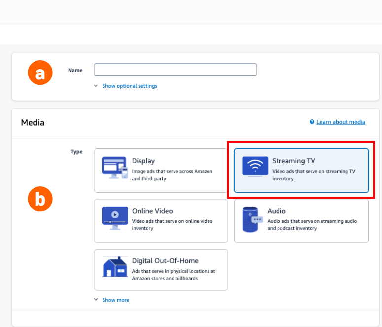 Creating a new ad group in Amazon DSP: the name field and the ad group type selector