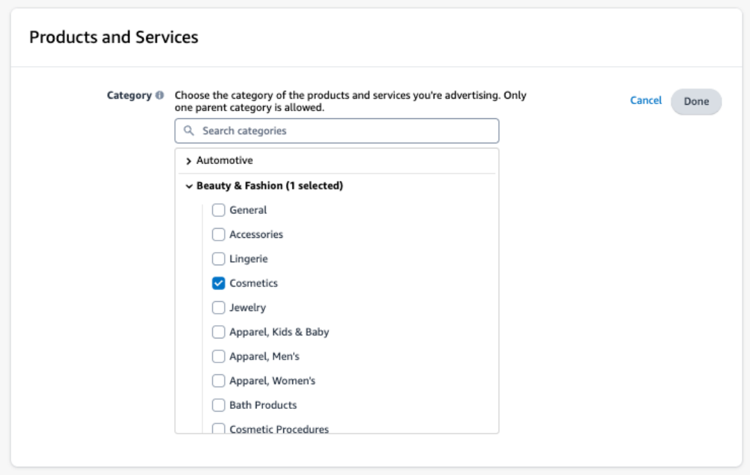 The Products and Services category picker on an Amazon DSP ad group, with a single subcategory ticked under one parent category