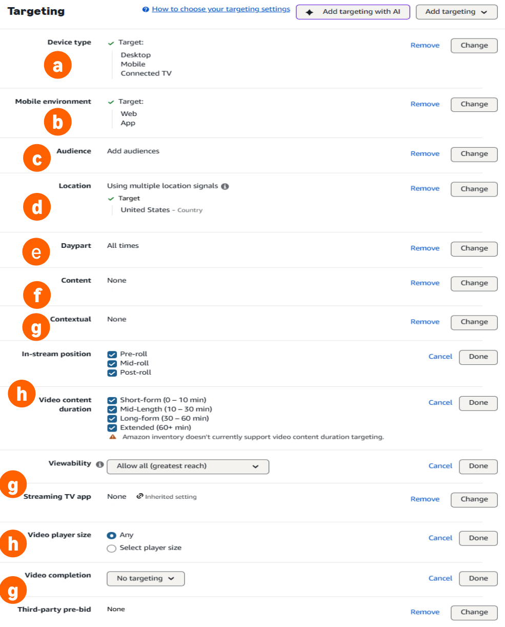 The targeting panel of an Amazon DSP ad group showing device type, mobile environment, audience, location, daypart, content, contextual, viewability, streaming TV app, video completion and third party pre-bid controls