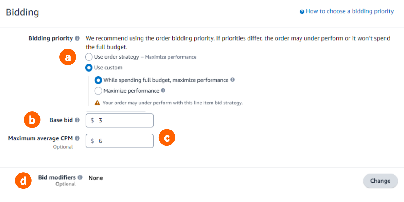 The bidding panel of an Amazon DSP ad group showing bidding priority, base bid, maximum average CPM and bid modifiers