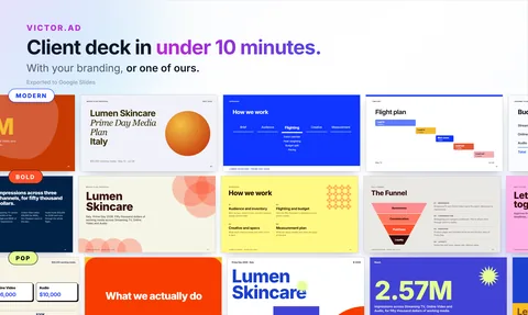 Client deck pages in three VICTOR.AD templates, exported to Google Slides